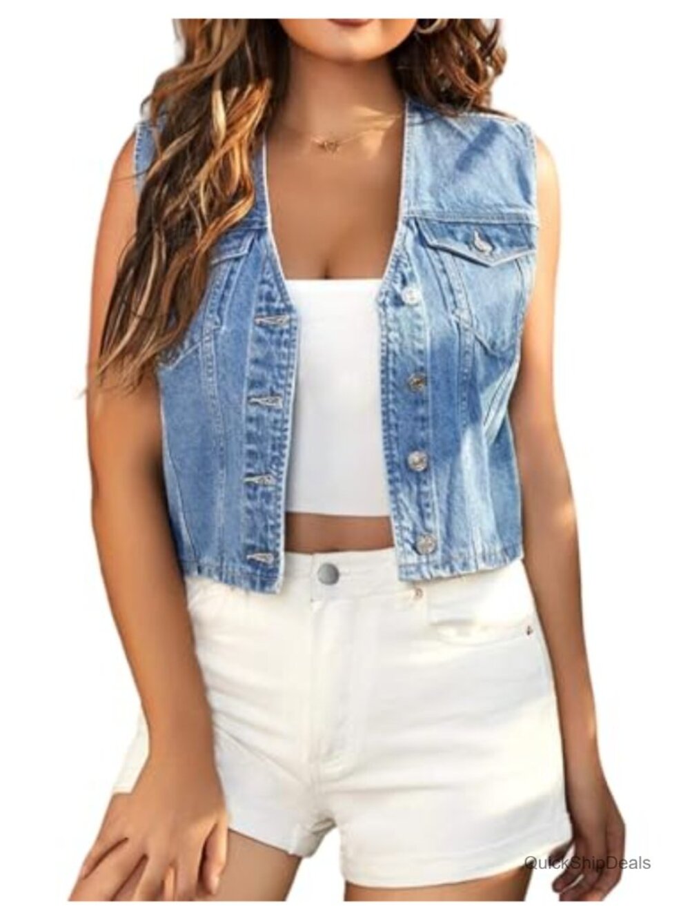 Cropped Denim Vest Top Casual V Neck Button Down Sleeveless Jean Jacket